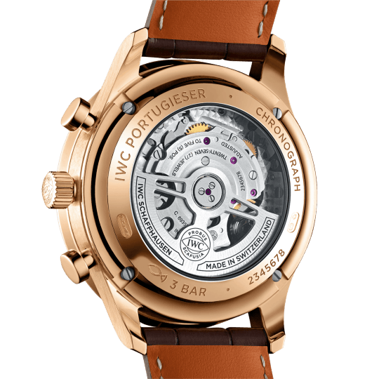 Rear view of Portugieser Chronograph showing exhibition sapphire case back with visible automatic movement and brown strap