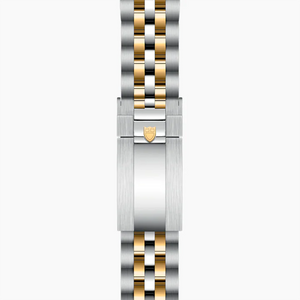 Front view of TUDOR Black Bay S&G two-tone bracelet and clasp showing Tudor shield on white background