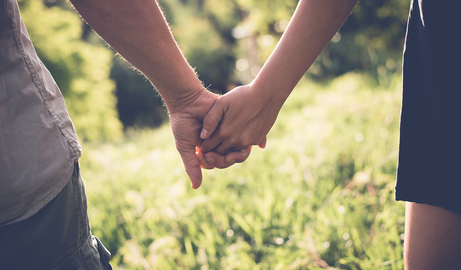Couple holding hands in a sunlit grassy field, close up of their joined hands and warm backlighting