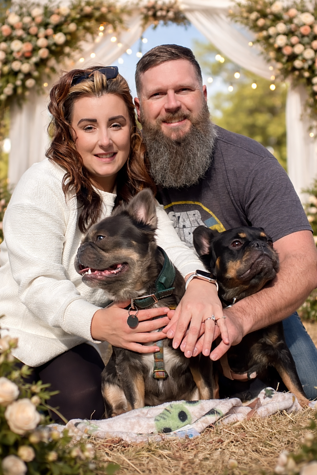 Brittni and Stephen sitting with their two dogs in front of a floral arch, Brittni showing her engagement ring