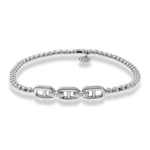 Front view of Tresore stretch bracelet, 18K white gold, showcasing beaded band and linked pavé diamond center motifs on white
