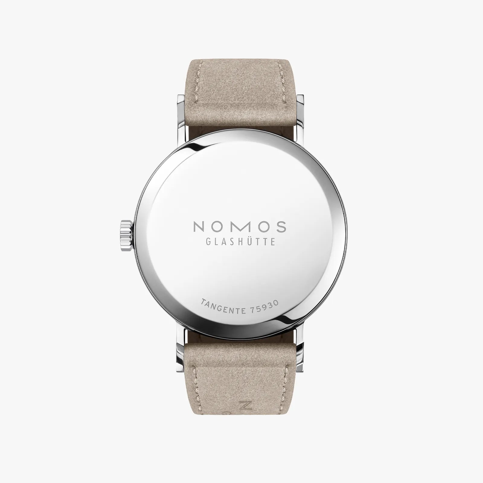 Nomos watch with beige strap on a white background