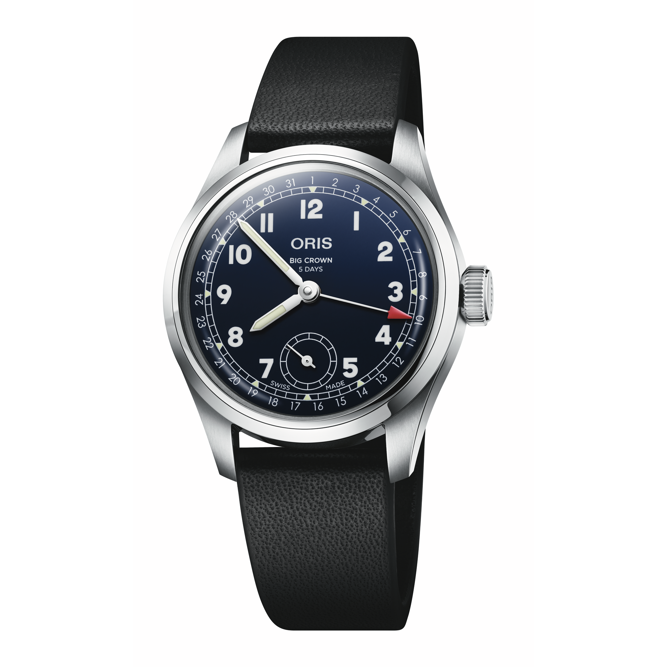 ORIS timepiece with blue dial and a black leather strap on a white background