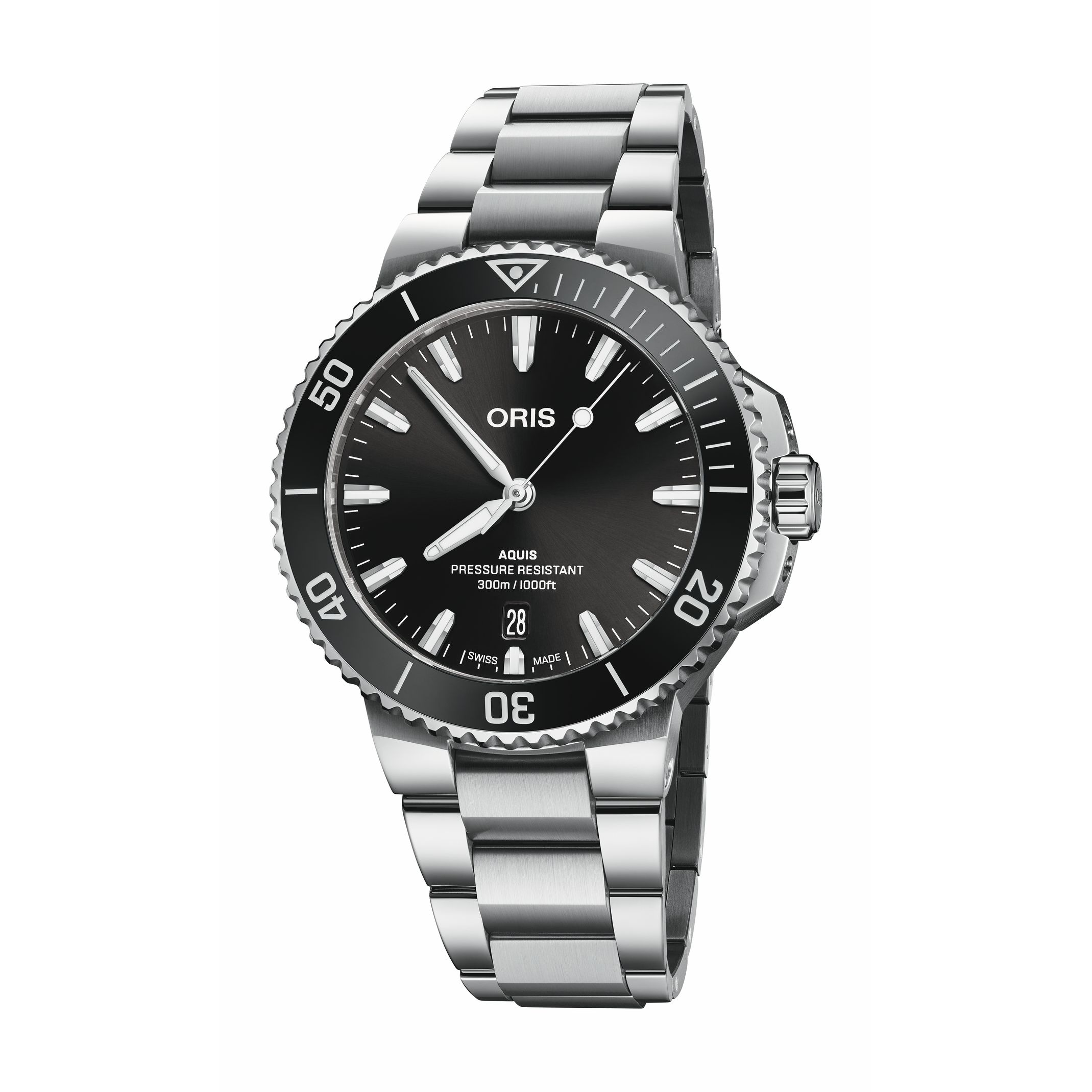 Oris watch with black dial and silver bracelet on a white background