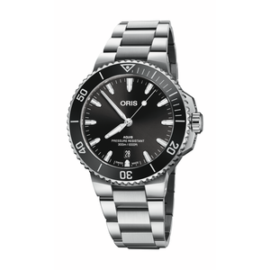 Oris watch with black dial and silver bracelet on a white background