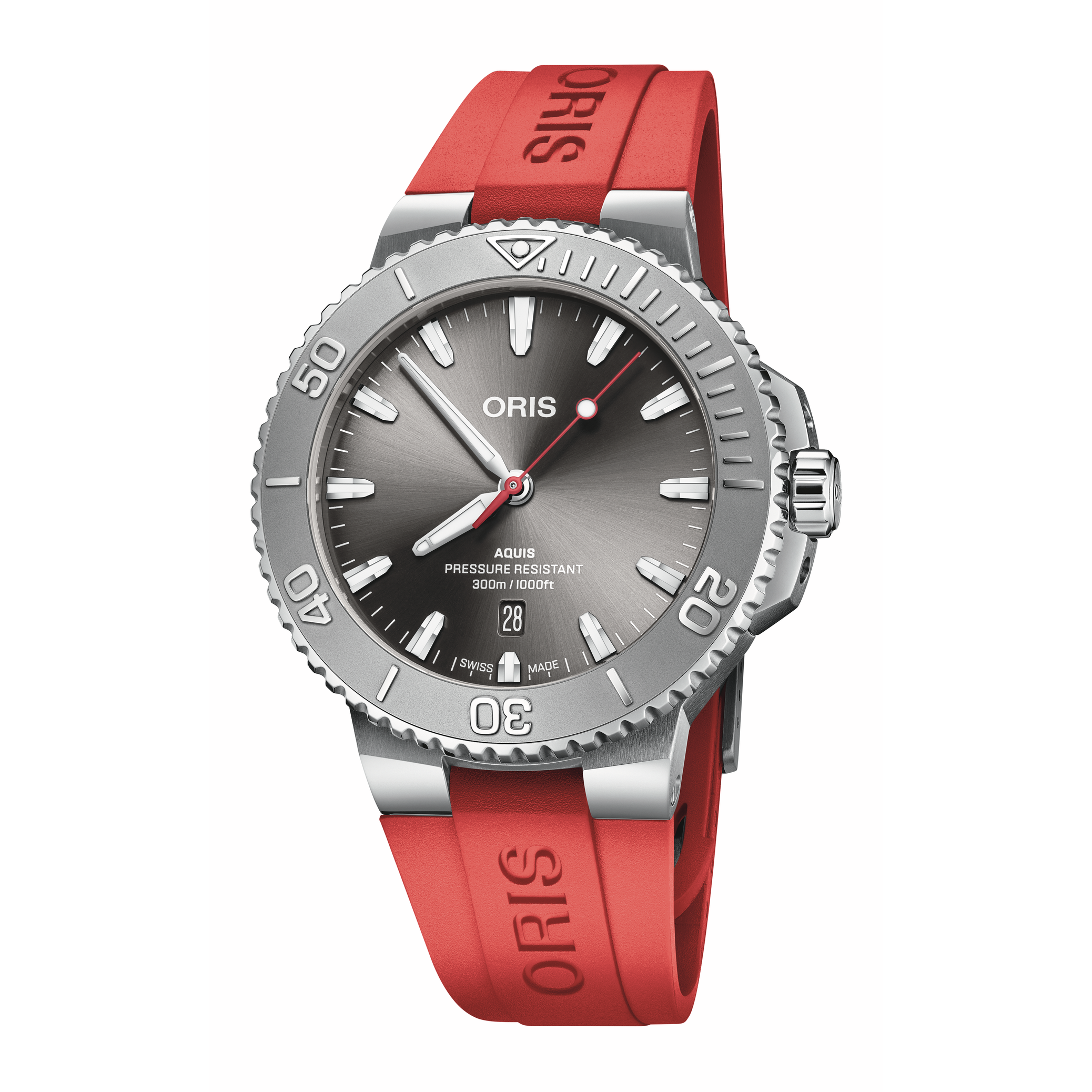 Oris watch with red strap and silver case on a white background