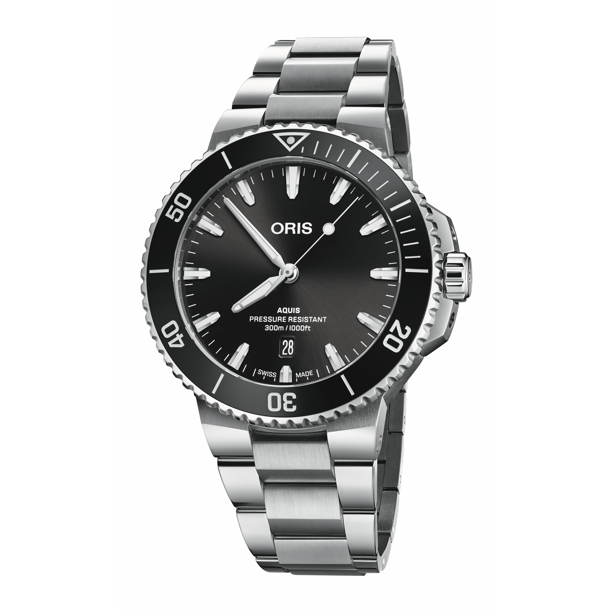 Silver Oris watch with black dial on a white background