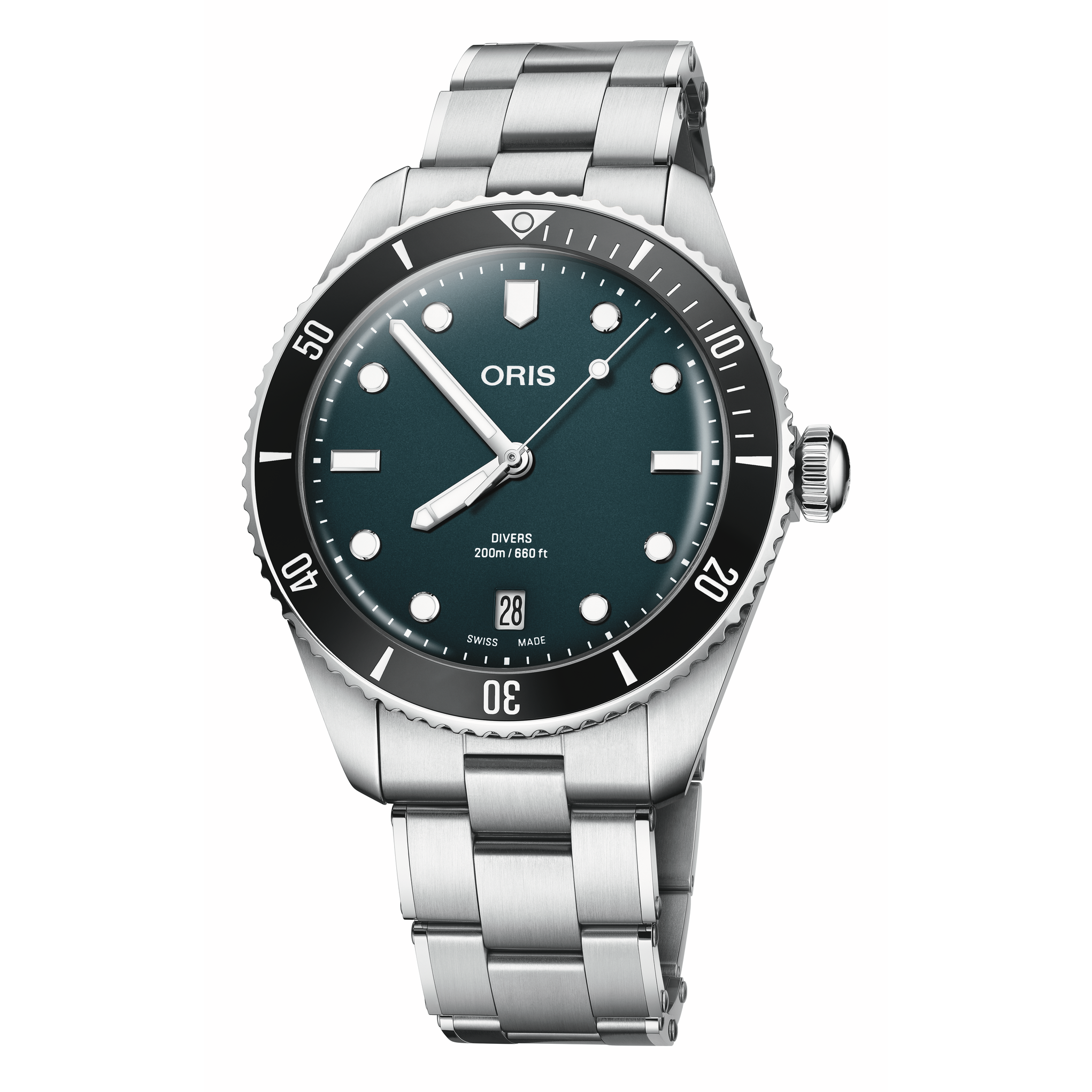 Oris watch with silver bracelet and dark blue dial on a white background