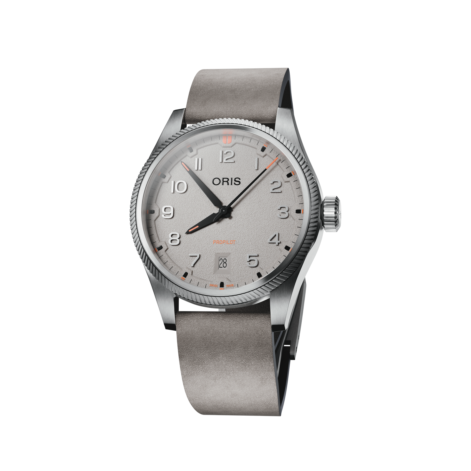 Oris timepiece with a grey dial and leather strap on a white background.