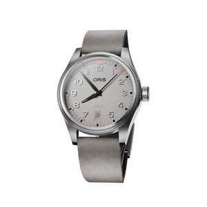 Oris timepiece with a grey dial and leather strap on a white background.