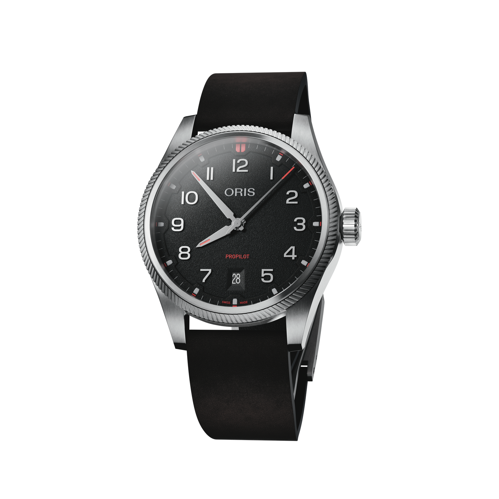 Oris black dial and black leather strap on white background