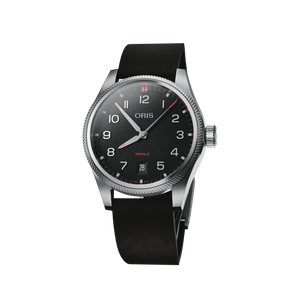 Oris black dial and black leather strap on white background