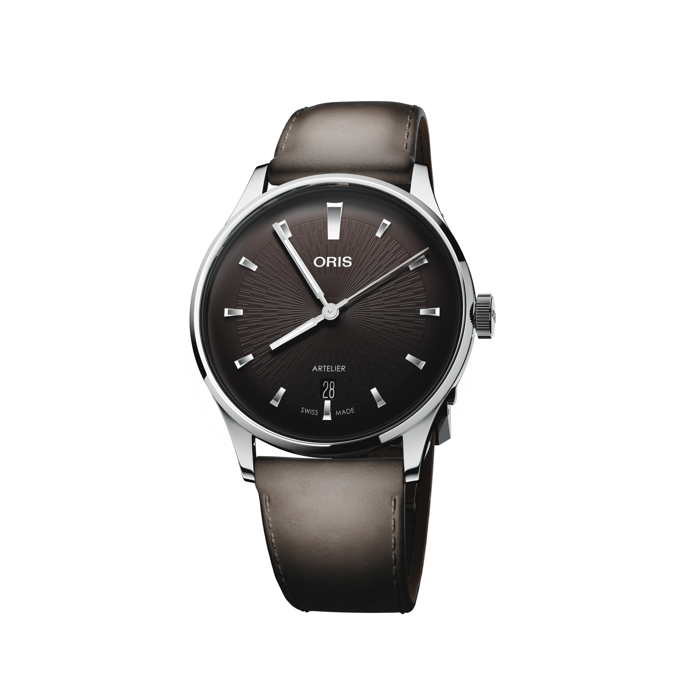Oris timepiece with a black dial and a brown leather strap on a white background