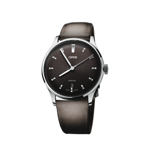 Oris timepiece with a black dial and a brown leather strap on a white background
