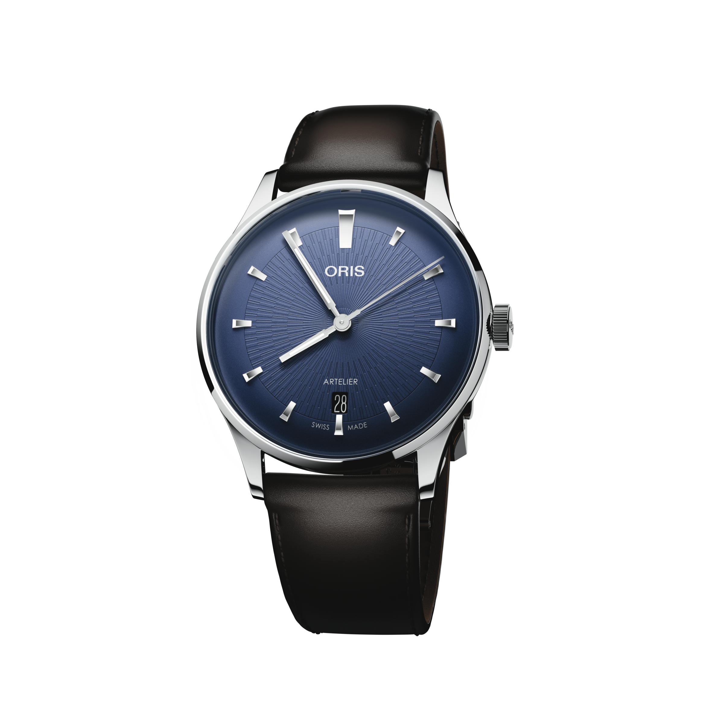 Oris timepiece with blue dial and brown leather strap on a white background