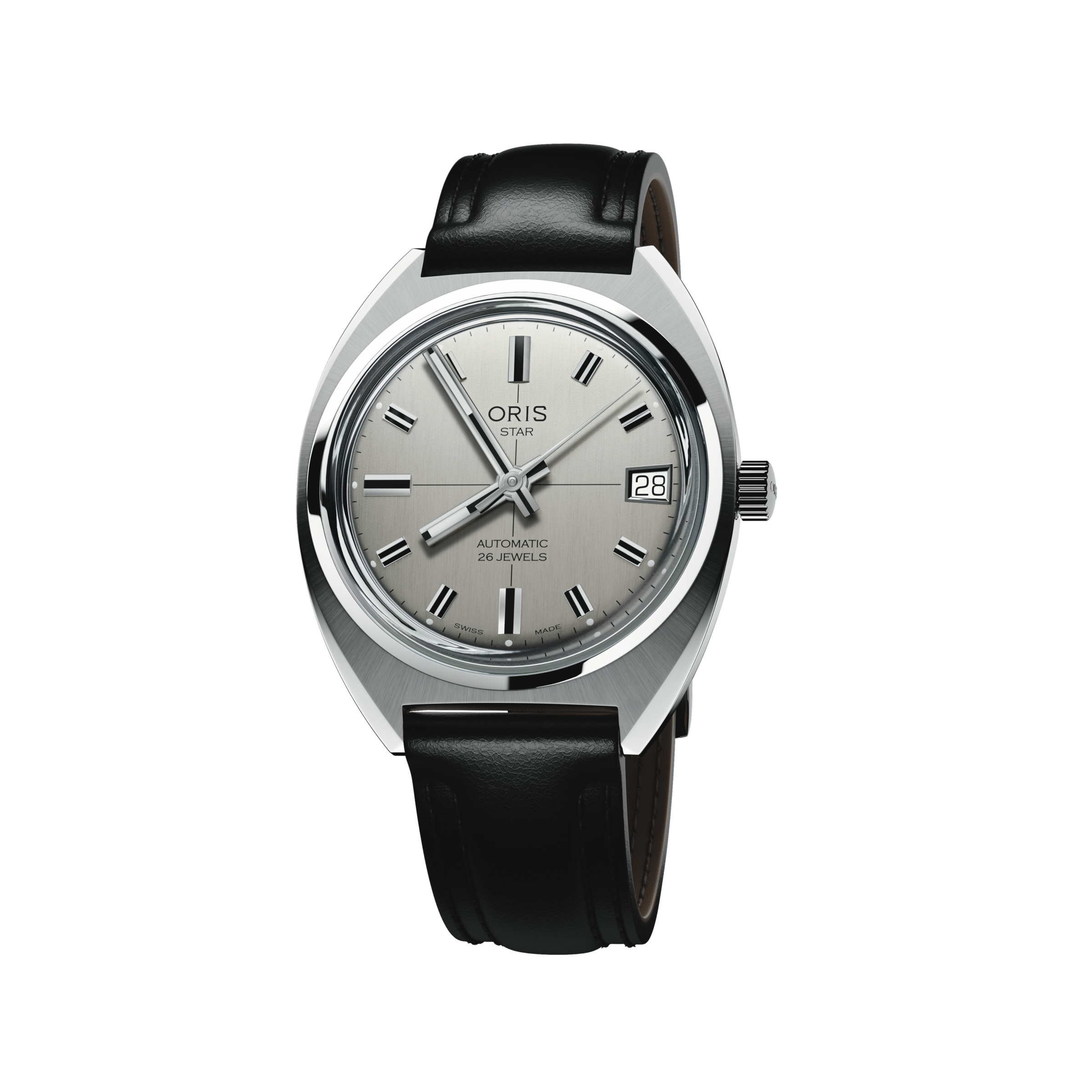 Oris timepiece with grey dial and black leather strap on a white background