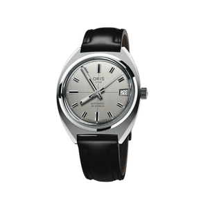 Oris timepiece with grey dial and black leather strap on a white background