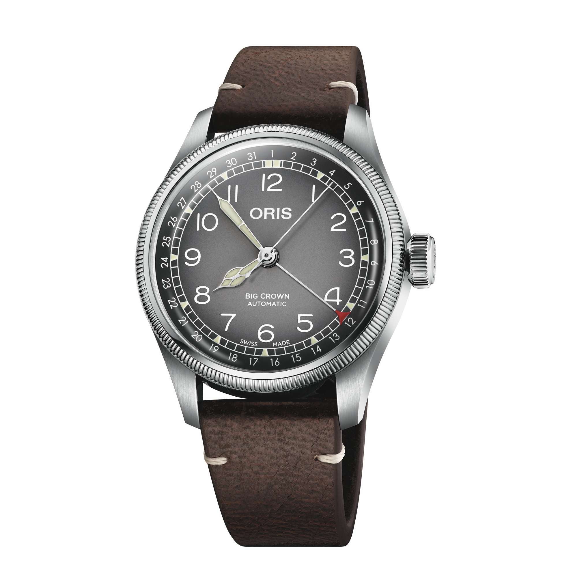 Oris watch with brown leather strap on a white background