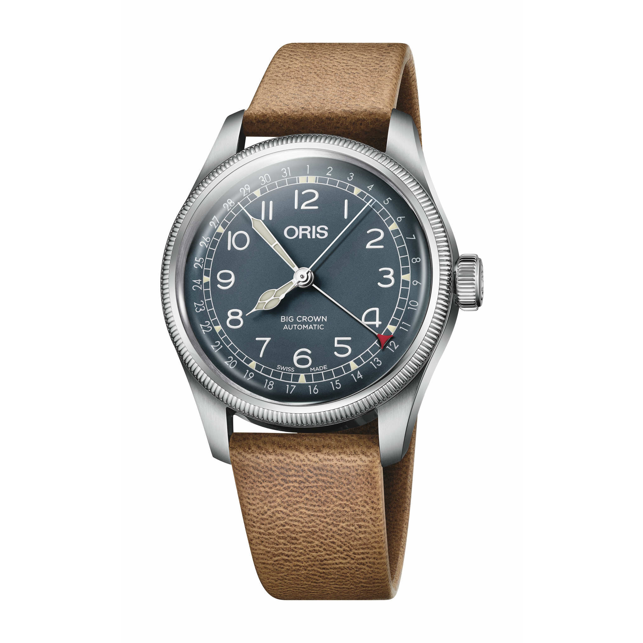 Oris Big Crown Automatic watch with a brown leather strap, silver stainless steel case, and a dark gray dial with white Arabic numerals.