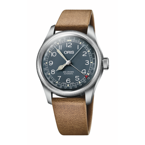Oris Big Crown Automatic watch with a brown leather strap, silver stainless steel case, and a dark gray dial with white Arabic numerals.