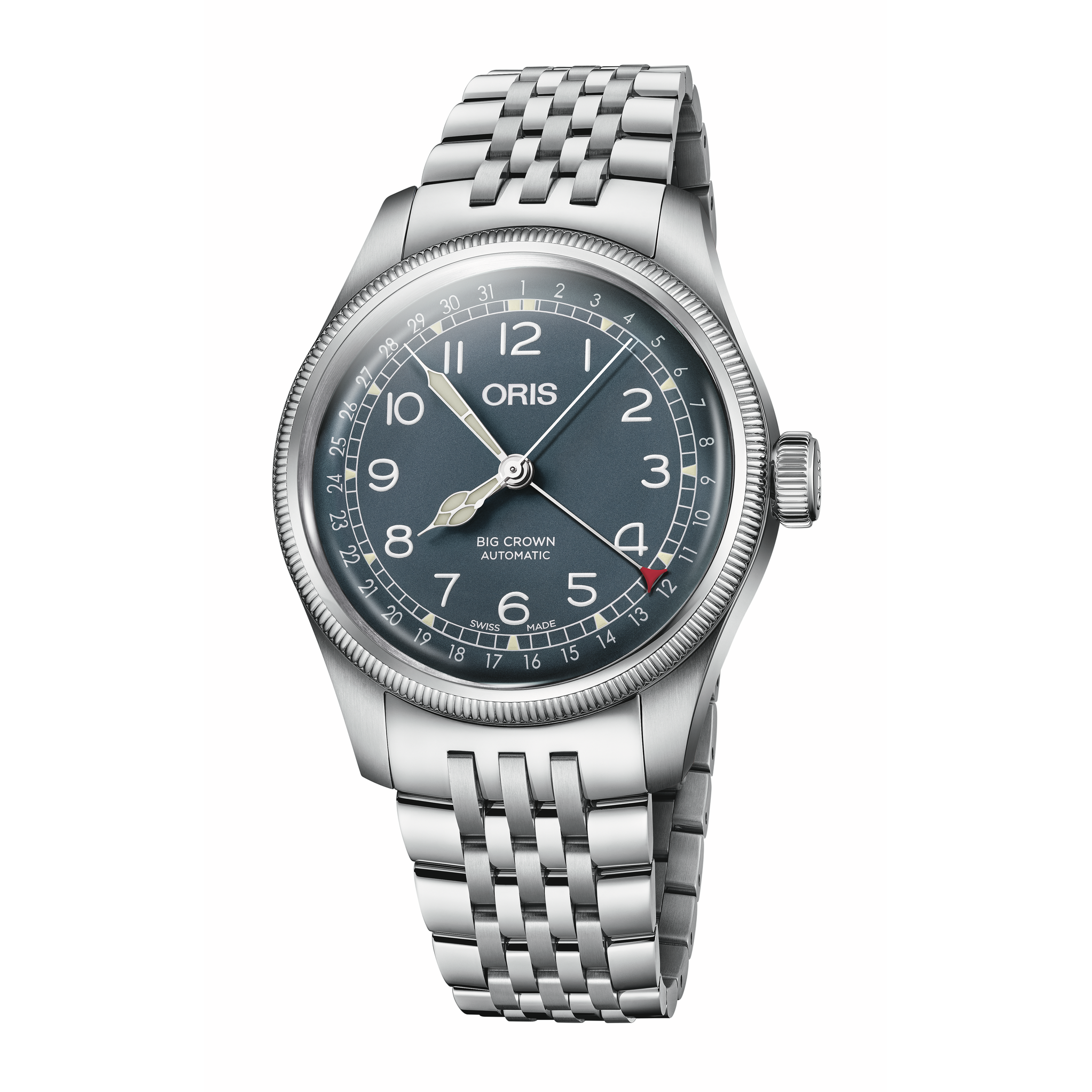 Oris Big Crown Automatic watch with a silver stainless steel link bracelet, a dark blue-gray dial, and a silver bezel, shown on a plain white background.