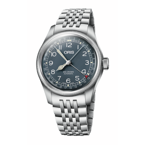 Oris Big Crown Automatic watch with a silver stainless steel link bracelet, a dark blue-gray dial, and a silver bezel, shown on a plain white background.