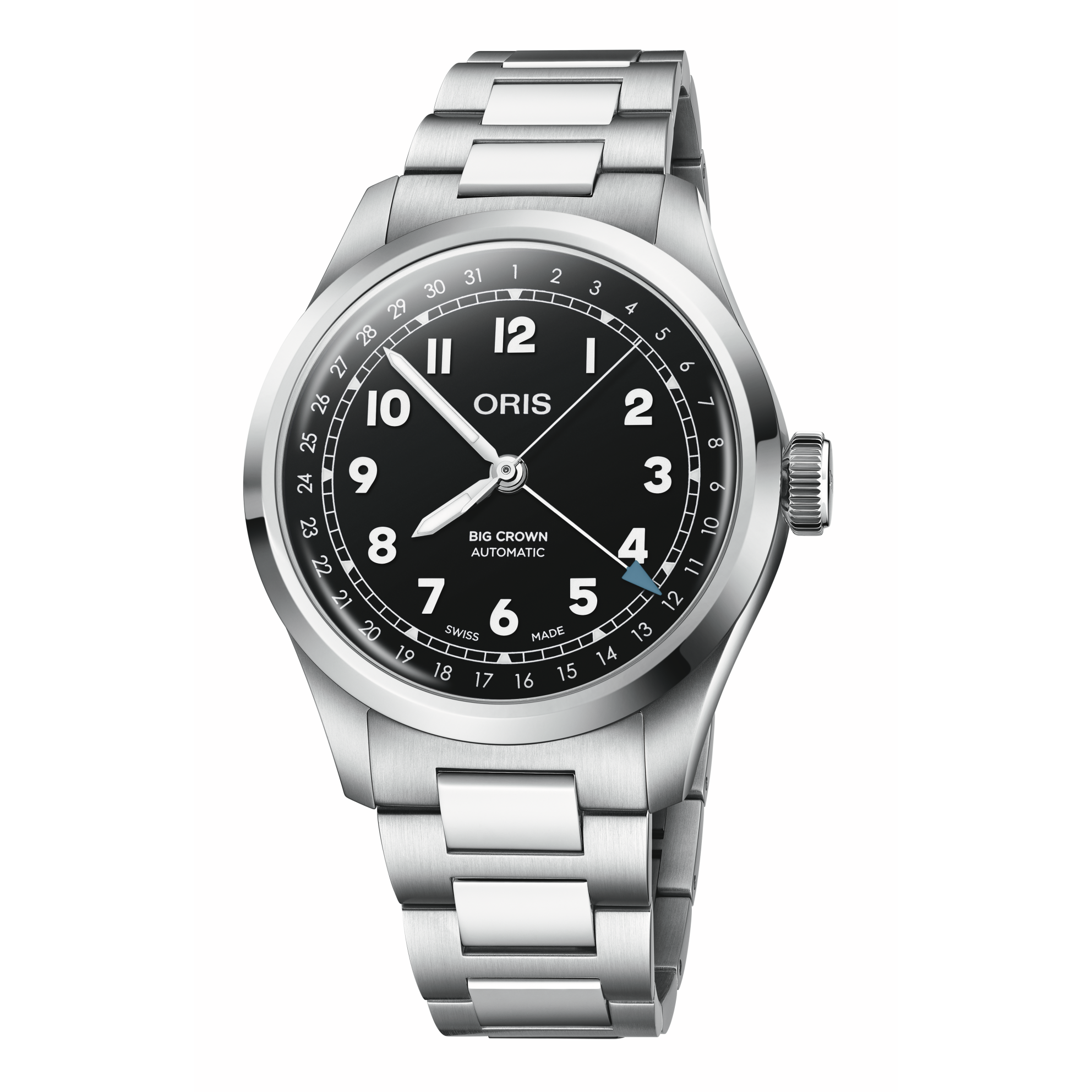 Silver Oris watch with black dial on a white background