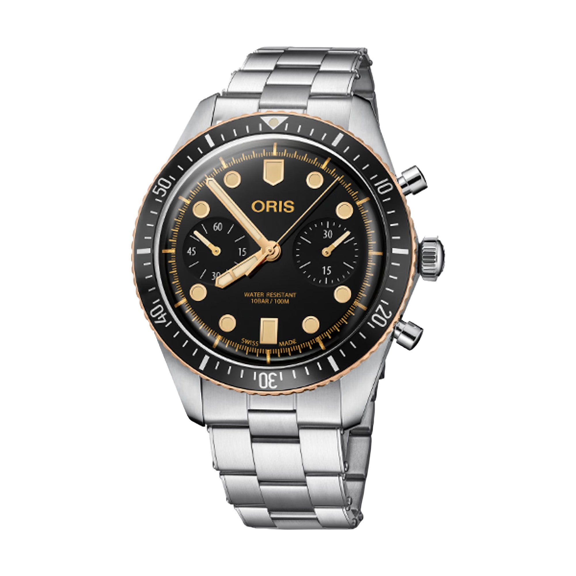 Close-up of Oris Divers Sixty-Five 43mm chronograph with black dial, gold accents, subdials, bezel and steel bracelet