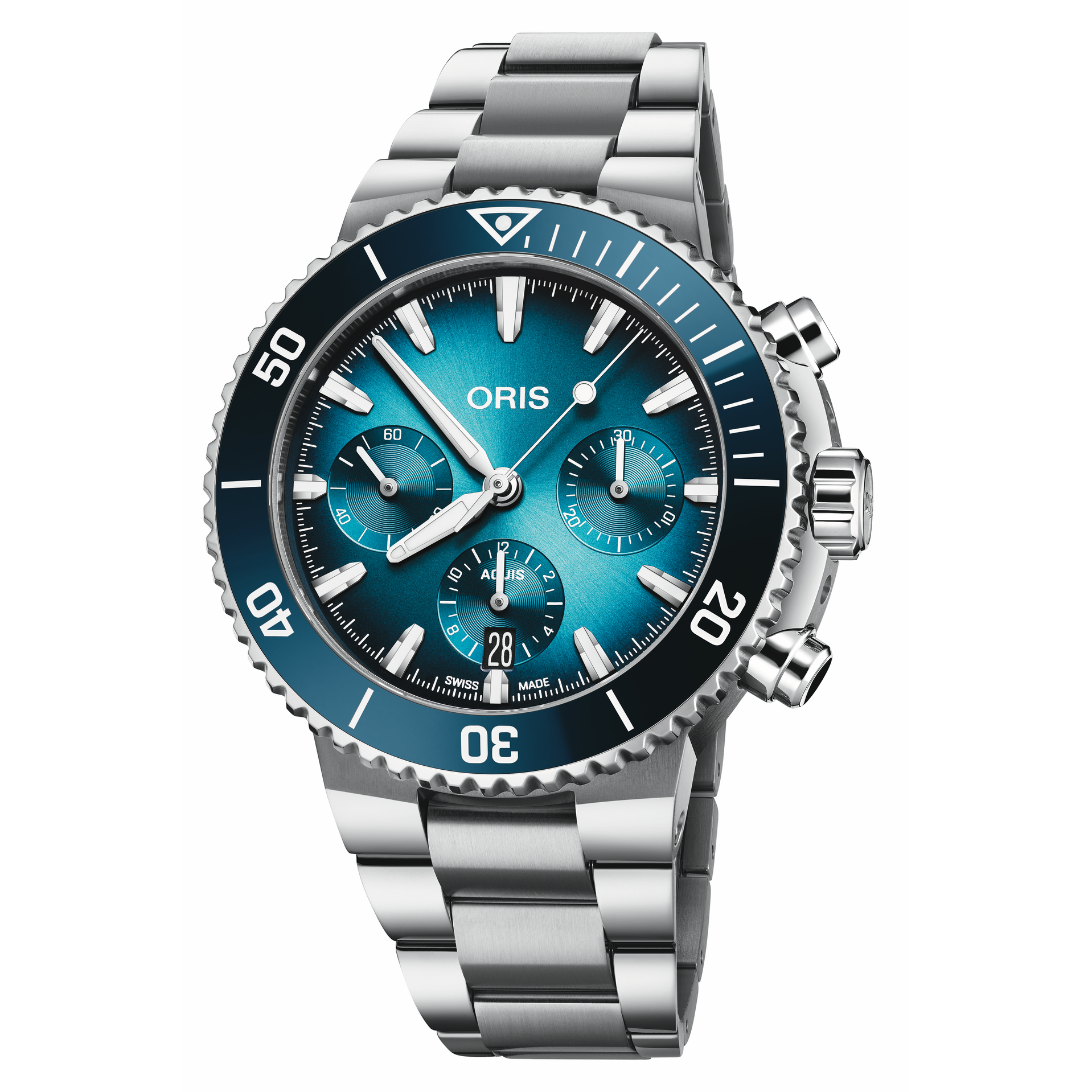 An Oris stainless steel watch with a blue gradient dial, a blue rotating bezel, and silver-tone metal case and bracelet, shown on a plain white background.