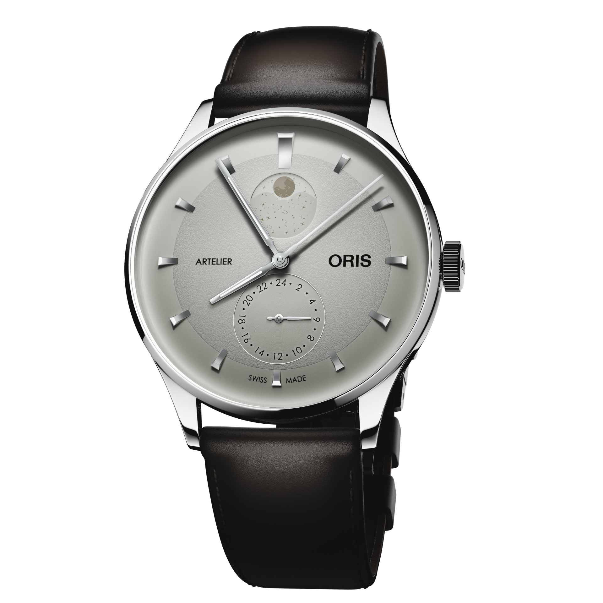 ORIS Artelier wristwatch with a silver-toned stainless steel case, a light gray dial featuring a moonphase indicator and subdial, and a black leather strap, shown on a solid white background.