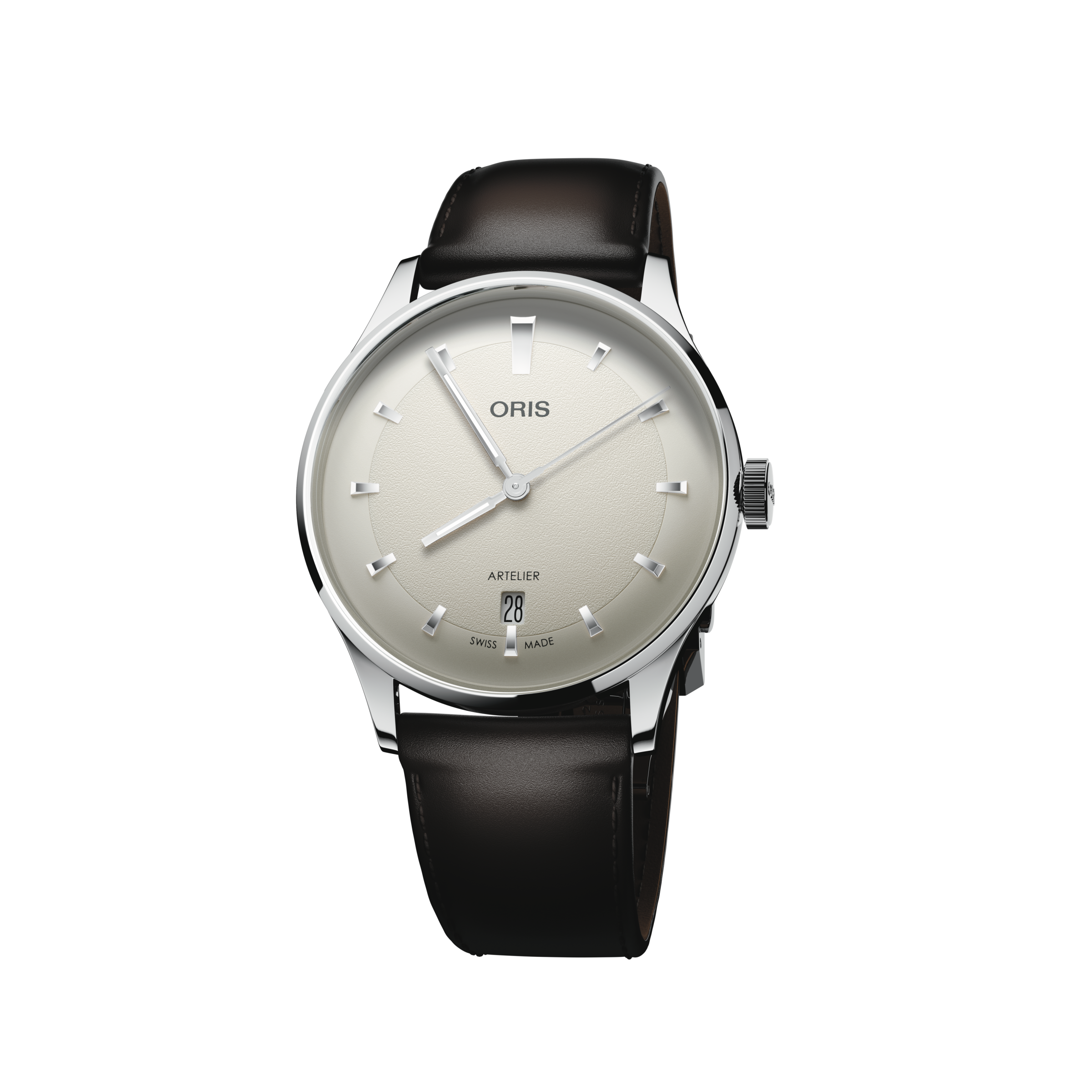 An Oris watch featuring a silver-toned stainless steel case, a cream-colored dial with silver baton hour markers and a date window, and a dark black leather strap, shown against a plain white background.