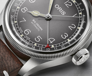 Oris watch with detailed dial and brand name on a wrist.