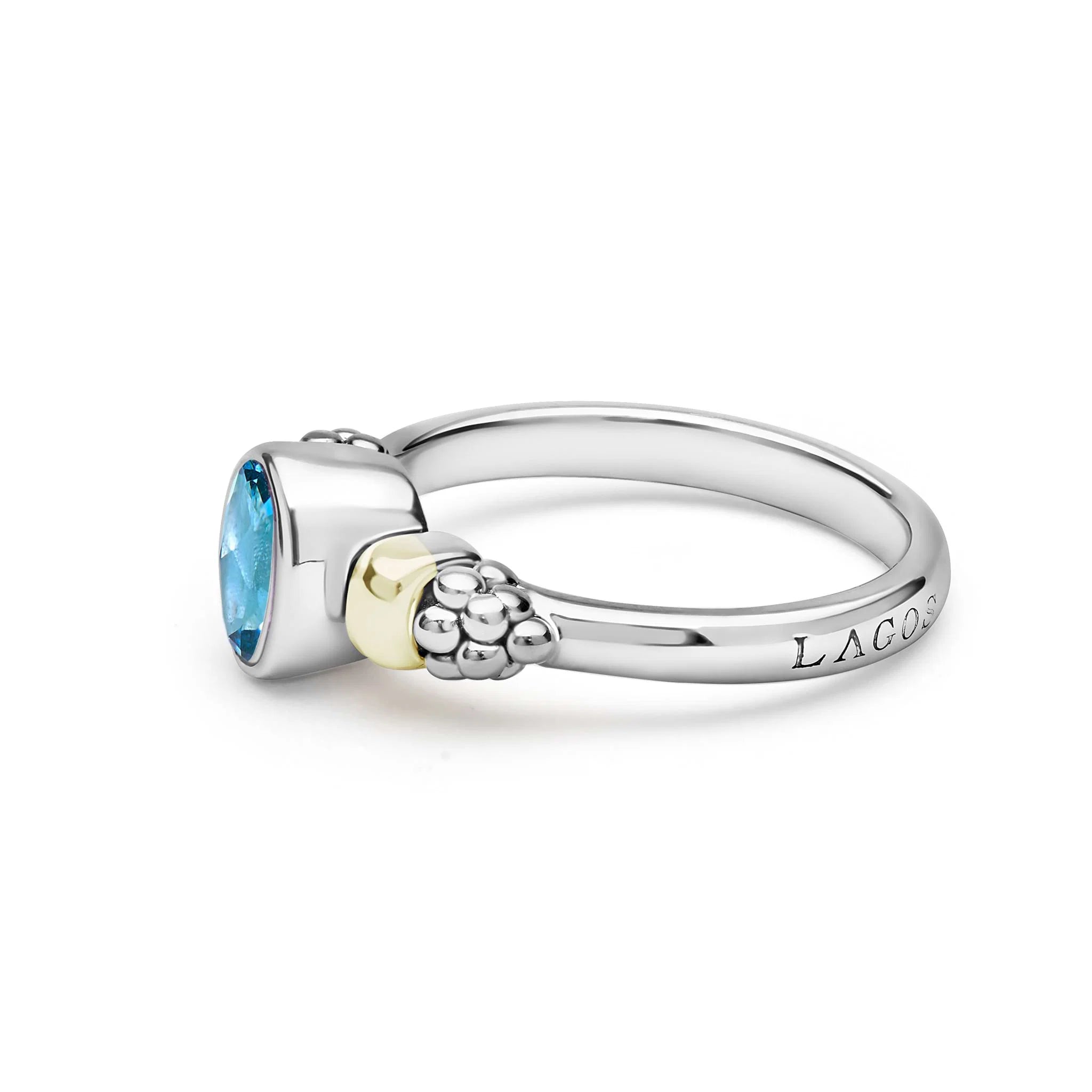 side view of a two tone ring with a blue center stone