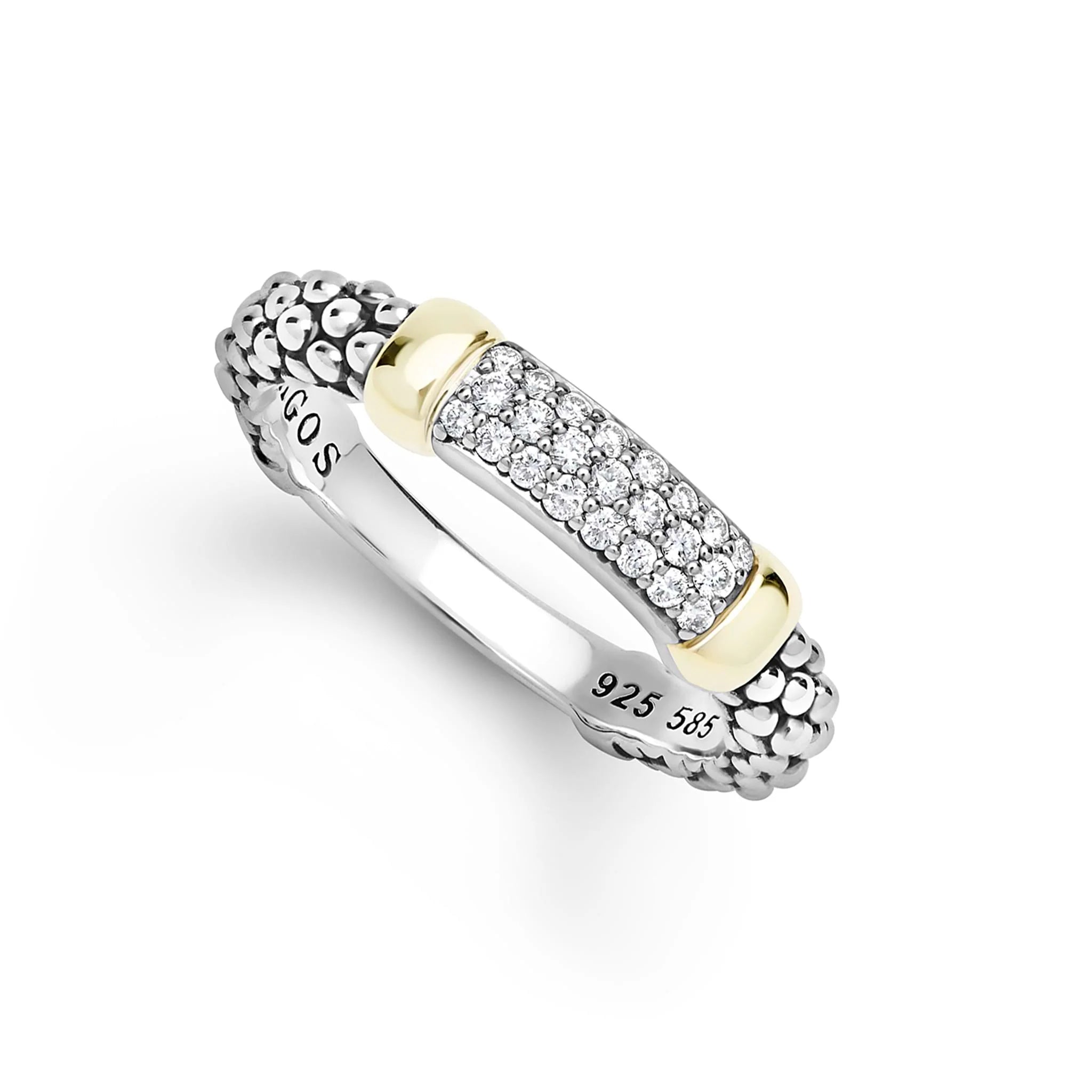 A silver and yellow gold band ring with a pavé diamond center, shown on a clean white background. 