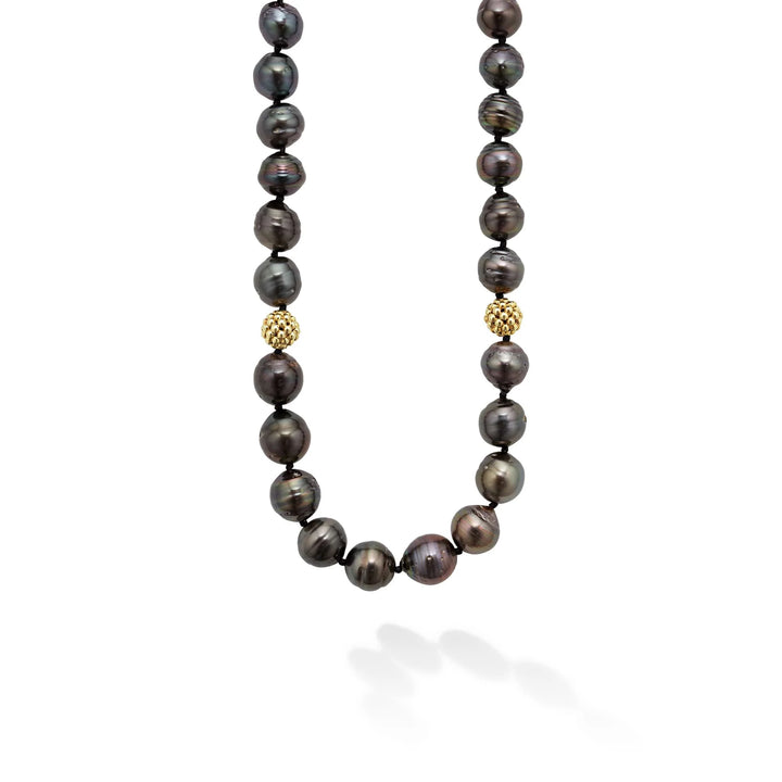 Black Pearl Gold Station Bead Necklace