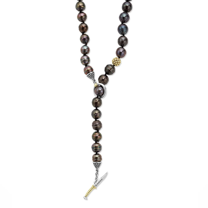 Black Pearl Gold Station Bead Necklace