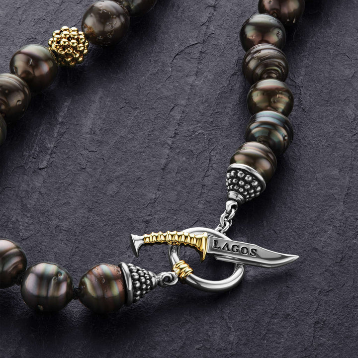 Black Pearl Gold Station Bead Necklace