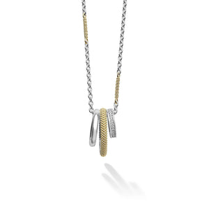 silver chain necklace that features 3 hanging rings in silver, gold and diamonds on a white background