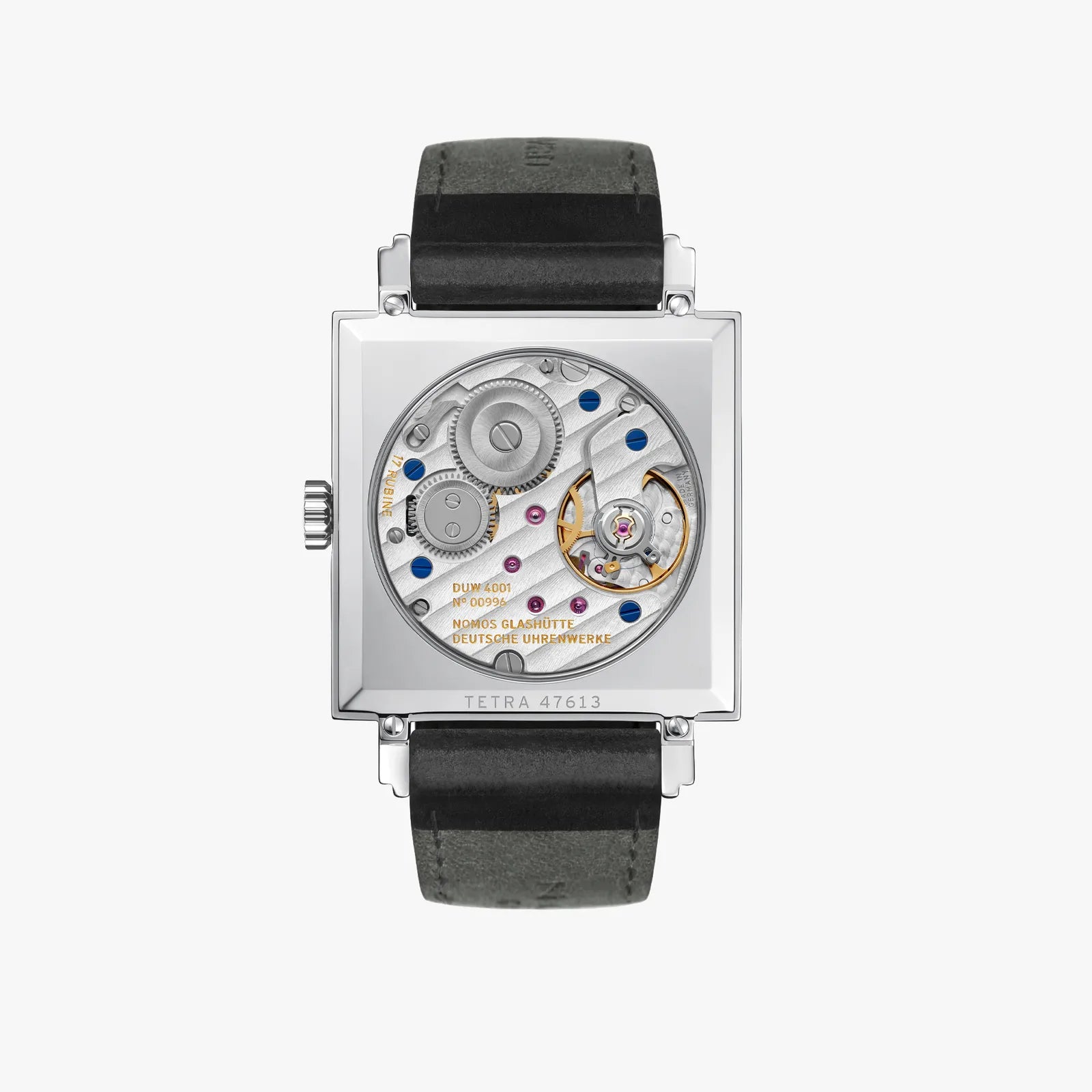 Watch with black leather strap and visible mechanical components on a white background
