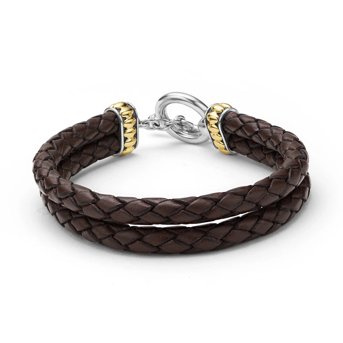 Two-Tone Brown Leather Braided Bracelet features two braided rows with a toggle clasp on a white background