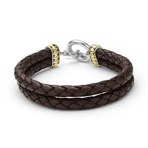 Two-Tone Brown Leather Braided Bracelet features two braided rows with a toggle clasp on a white background