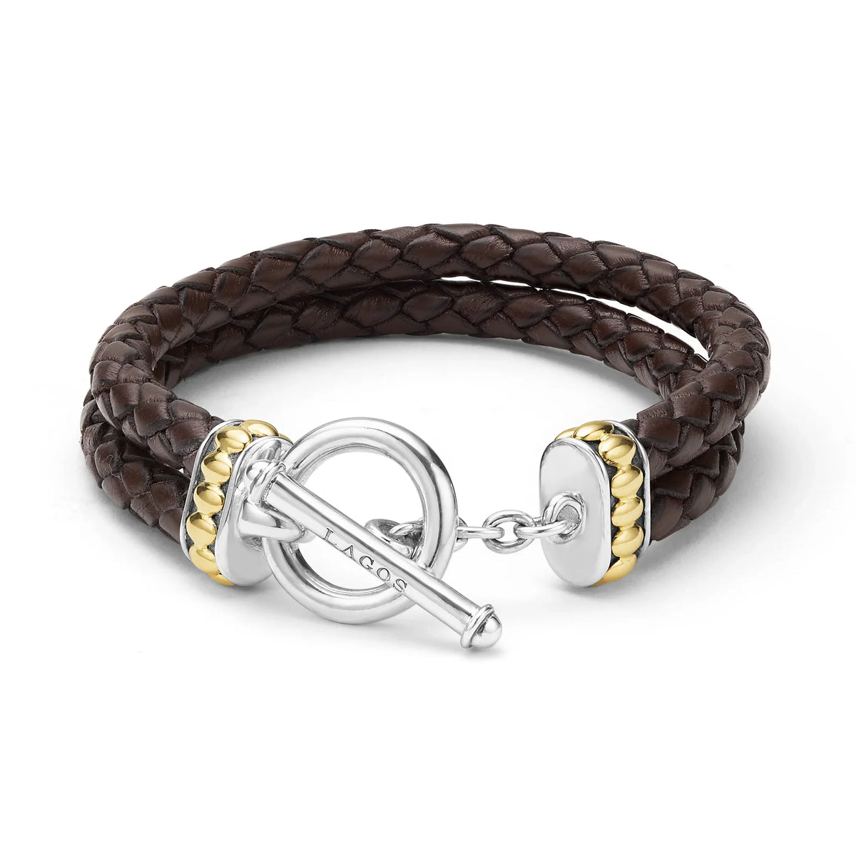 Two-Tone Brown Leather Braided Bracelet features two braided rows with a toggle clasp on a white background