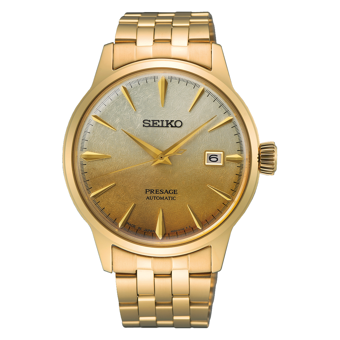 A Seiko Presage Automatic watch with a gold-tone stainless steel case and integrated bracelet, featuring a champagne-gold gradient dial with gold-tone indices and a date window at the 3 o'clock position.