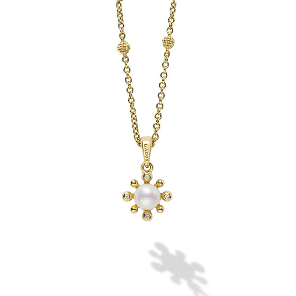 18K Gold Petite Fleur Pearl Diamond Pendant Necklace