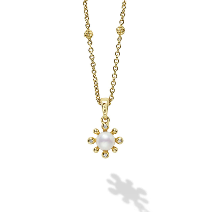 18K Gold Petite Fleur Pearl Diamond Pendant Necklace