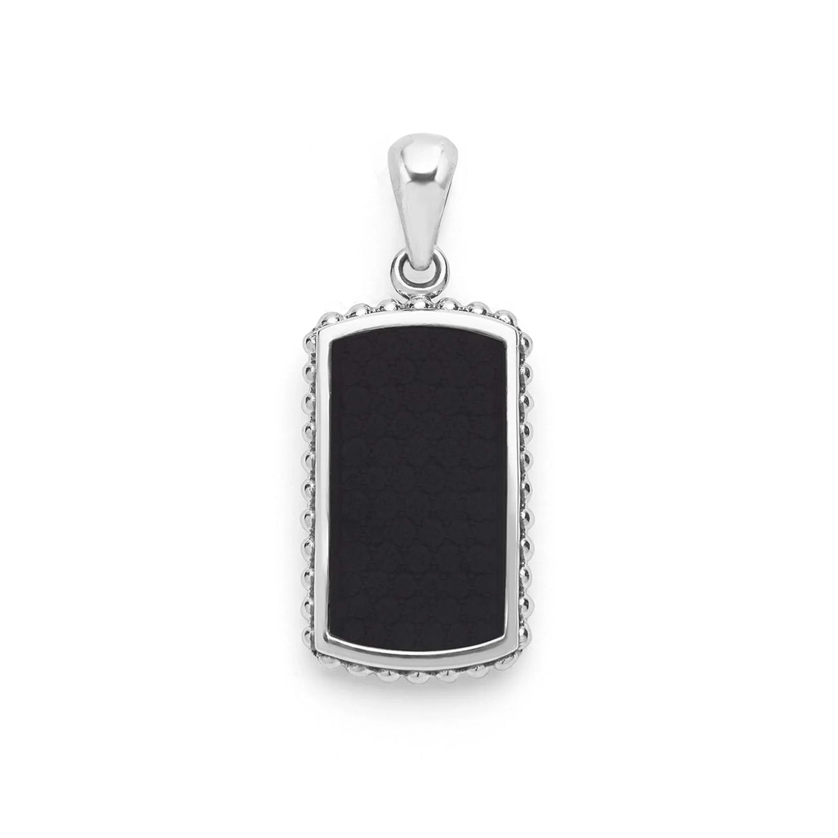  Small Sterling Silver and Black Agate Tag Amulet with beading around the edge on a white background