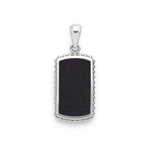  Small Sterling Silver and Black Agate Tag Amulet with beading around the edge on a white background