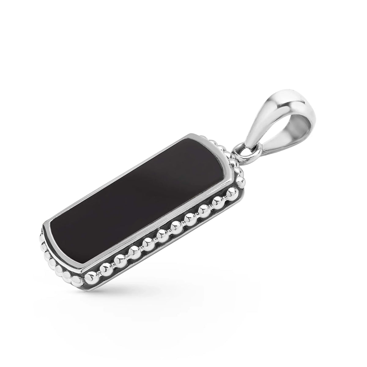 side view of a  Small Sterling Silver and Black Agate Tag Amulet with beading around the edge on a white background