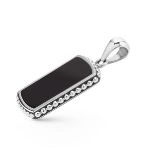 side view of a  Small Sterling Silver and Black Agate Tag Amulet with beading around the edge on a white background