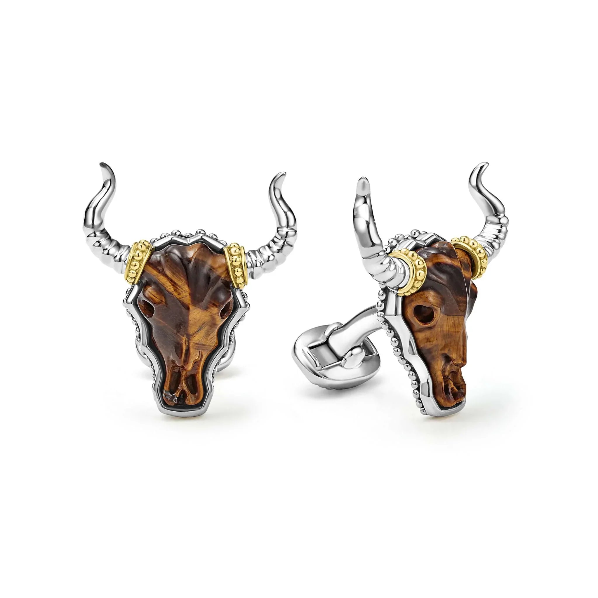 Front and side views of Tiger Eye long horn cufflinks showing carved tiger eye bull skulls set in sterling silver with 18K gold beaded accents on white background